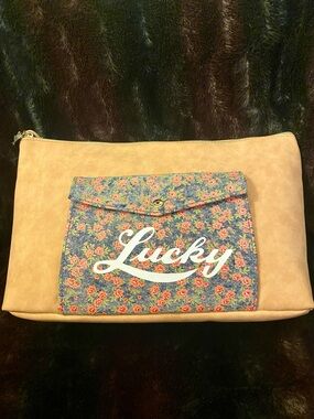 Lucky Brand Floral Faux Suede with Denim Pocket Tan Large Wristlet Clutch